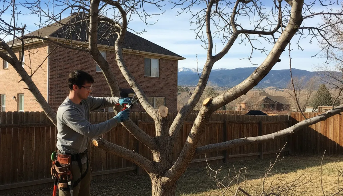 Arborist pruning fruit tree in Littleton, CO backyard orchard for healthy growth and improved yield