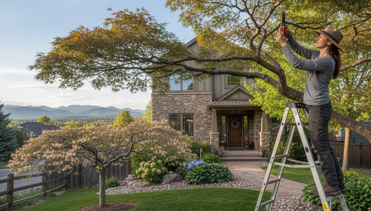 Arborist hand pruning ornamental Japanese maple tree in Littleton CO residential yard for curb appeal