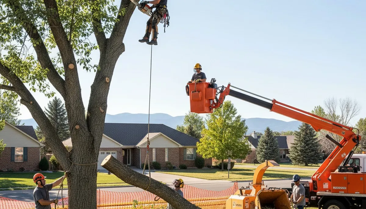 Arborists performing safe tree removal in Littleton, CO with professional equipment and property protection