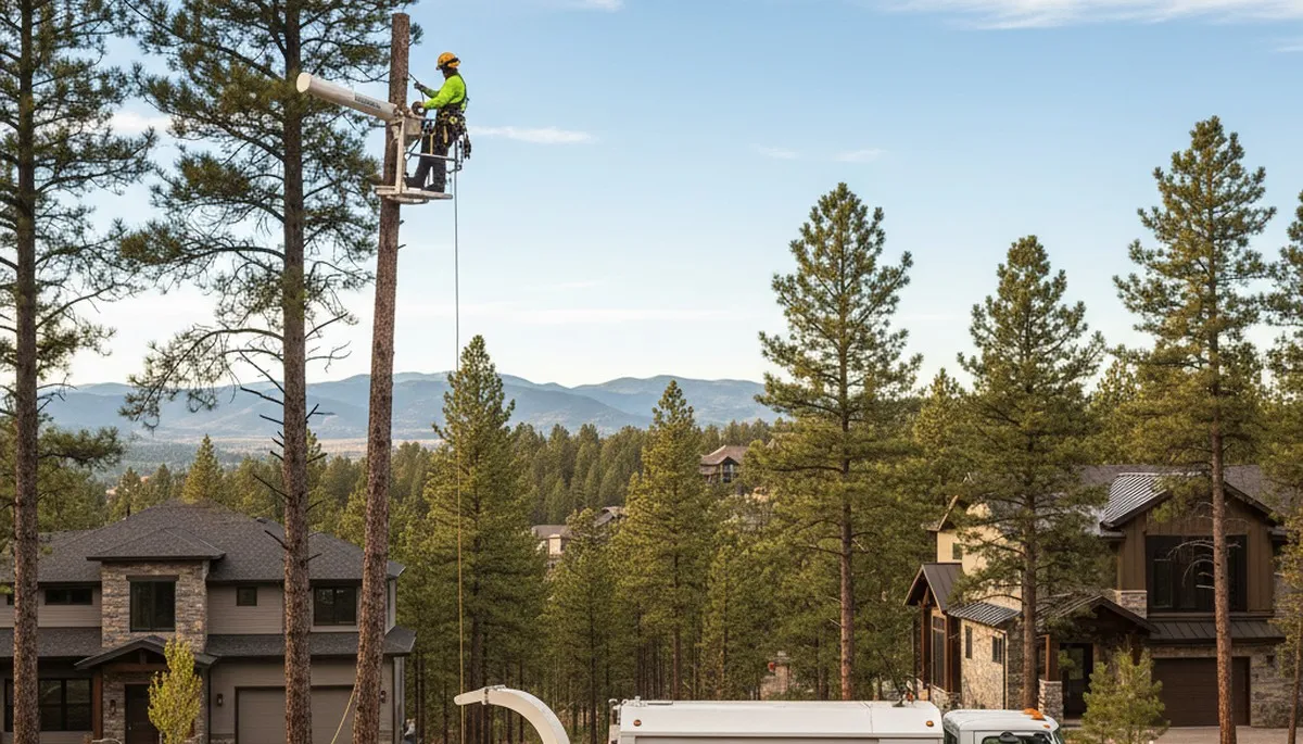 Professional tree removal service in Littleton, CO safely cutting down large pine tree