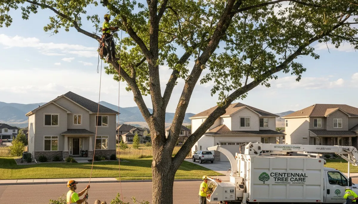 Professional tree removal service in Littleton CO safely cutting and clearing large residential trees