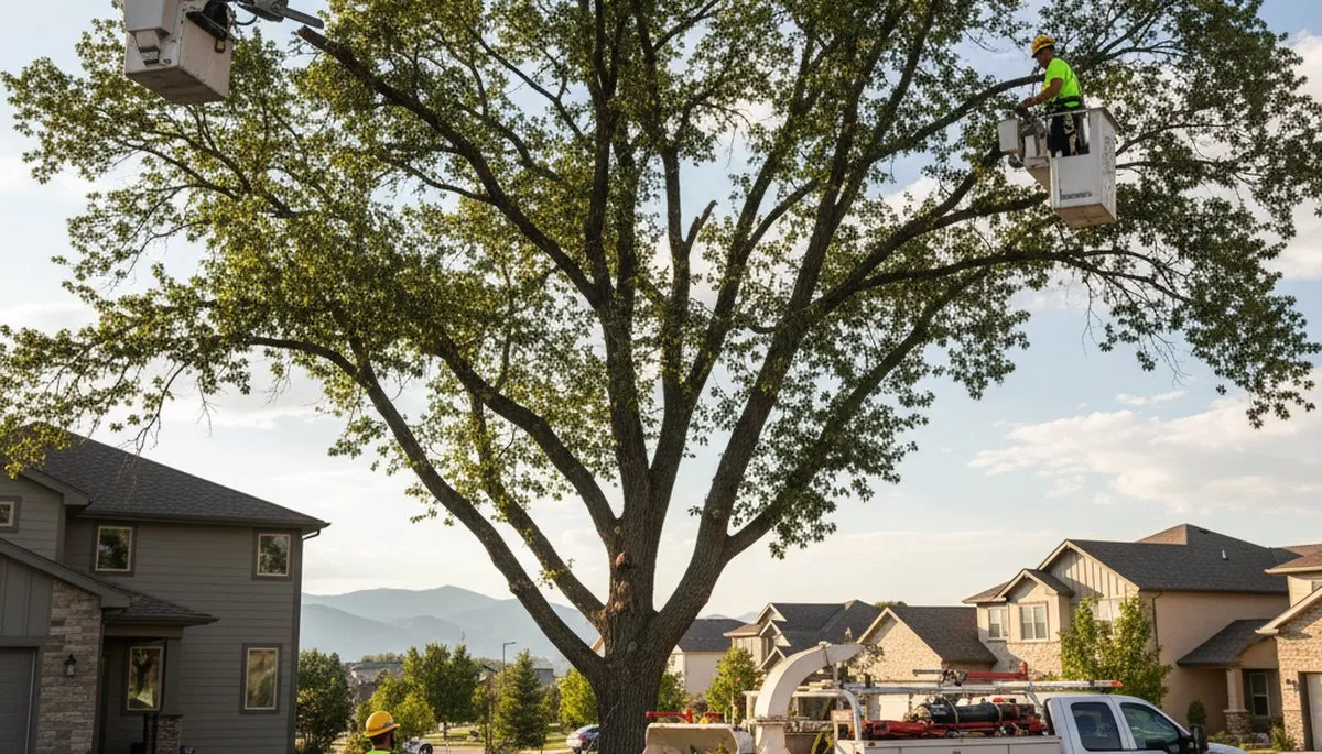 Professional tree removal service in Littleton CO safely cutting and clearing large residential trees