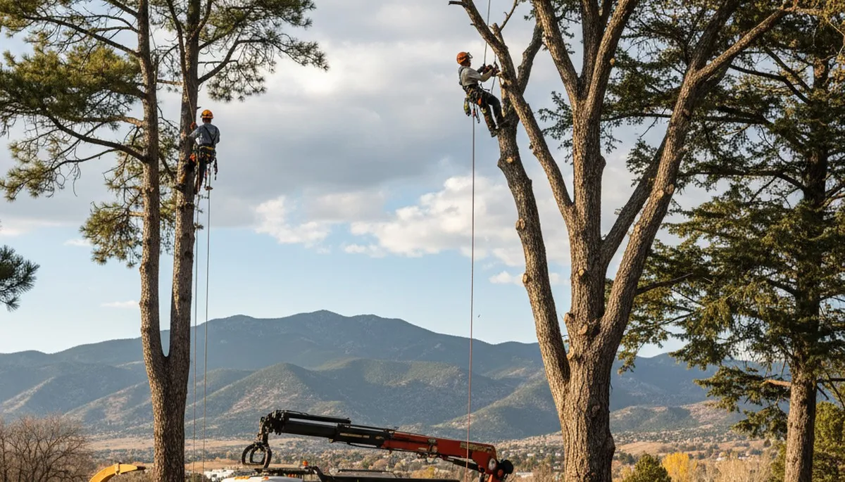 Professional tree removal service crew in Littleton CO safely cutting and clearing large pine tree